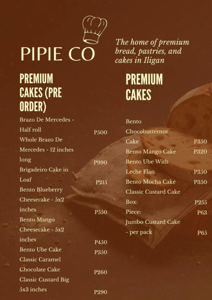 Pricelist for premium cakes