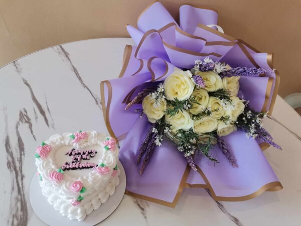 Custom Soft Icing Cake - 4×2 inches - Heart shaped - Happy 24th Birthday - with 1 dozen flower bouquet