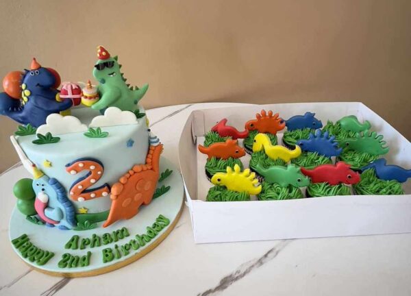 Custom Soft Icing Cake - 6x4 inches - Full Fondant - with 1 dozen cupcakes - Happy 2nd Birthday Arham